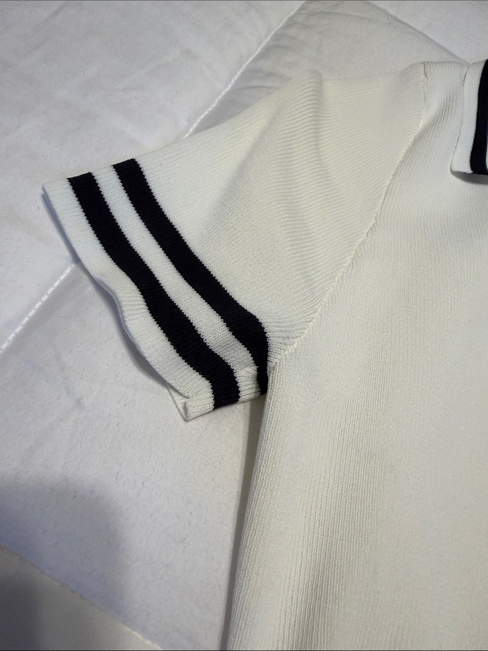 Trendy White Knit Polo Top & Pleated Mini Skirt Set with Black Stripes - Picture 10 of 11